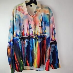 Watercolor Boats Nautical All Over Print LS Button Front Shirt Men's Large White